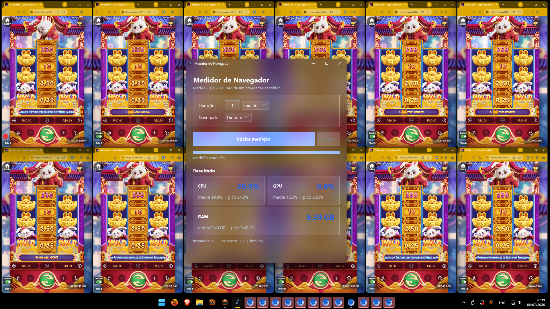 Benchmark Thorium com 12 instâncias do Fortune Rabbit