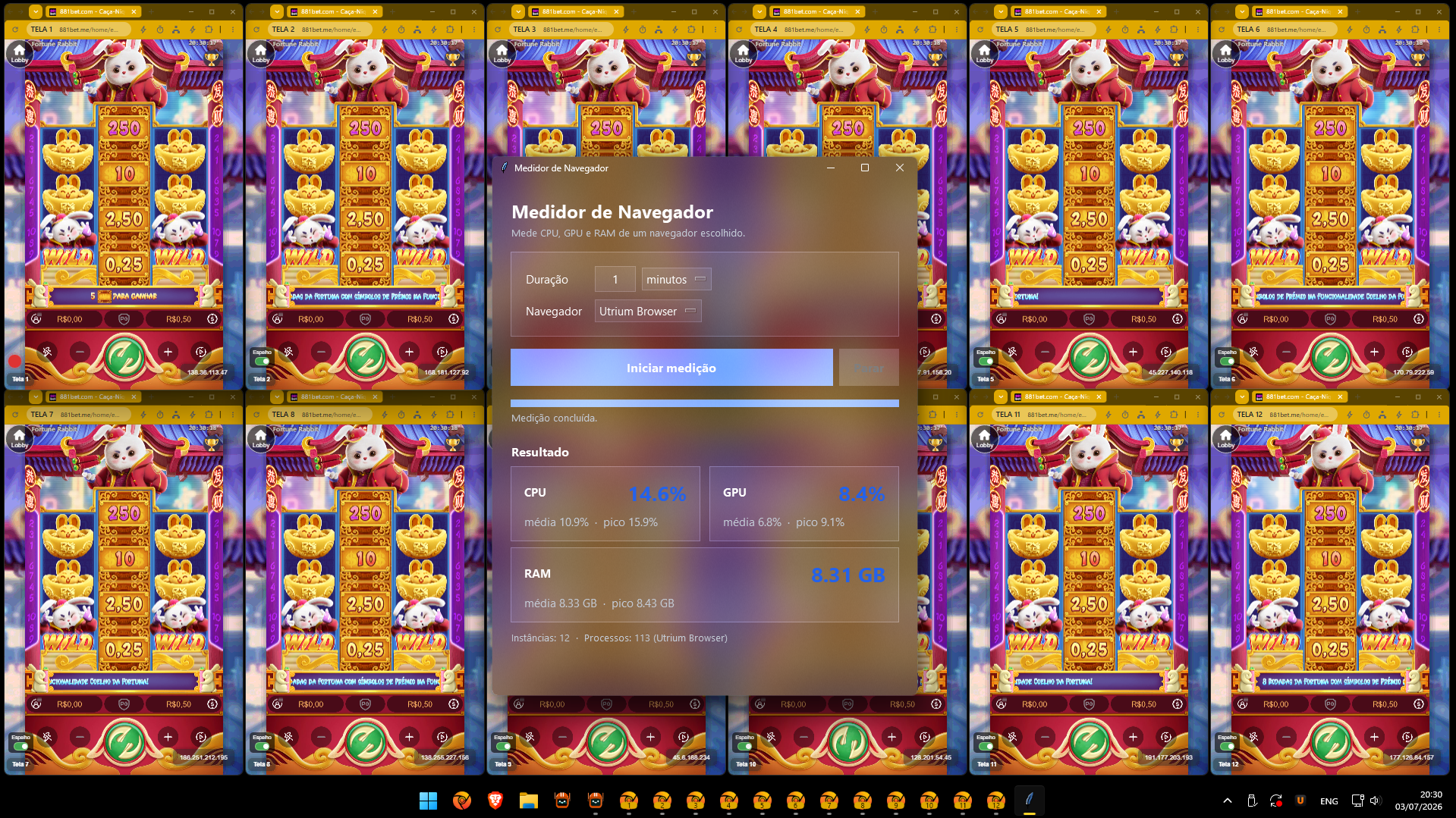 Benchmark Utrium Browser com 12 instâncias do Fortune Rabbit